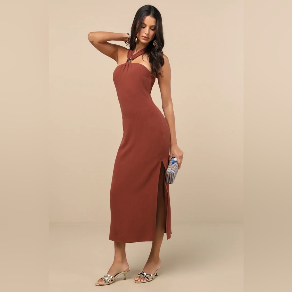 Lulus Calessia Rust Brown Linen Halter Neck Midi Dress - Picture 3 of 8